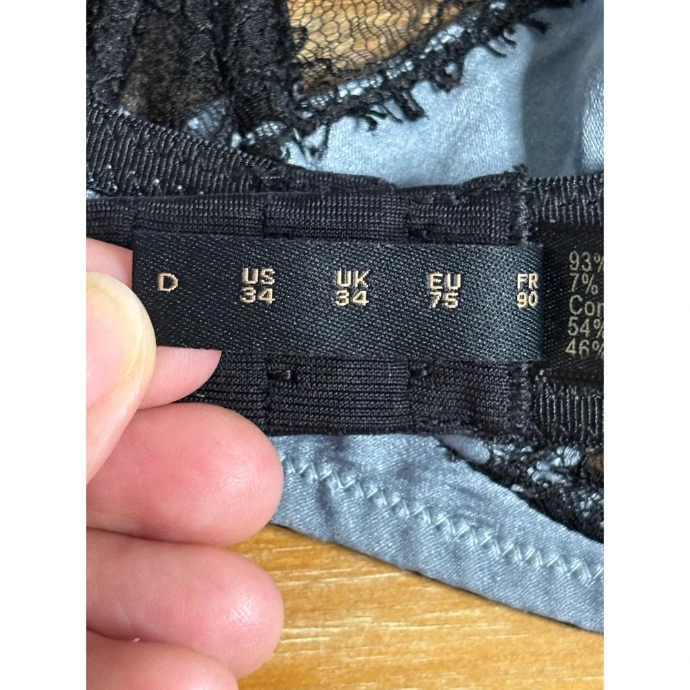 Kiki de Montparnasse Silk Lace Demi Bra Blue Black 34D Underwire Lingerie USA